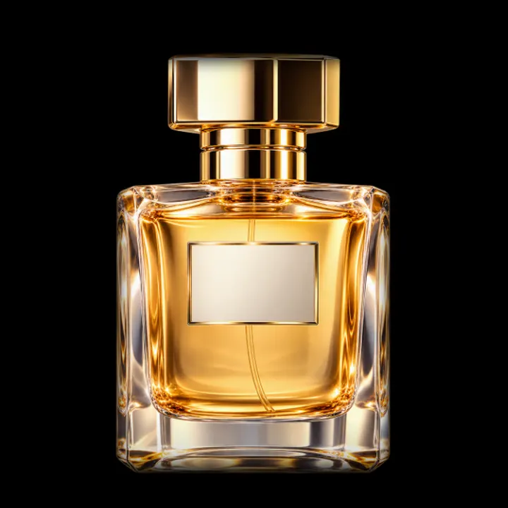 A glass perfume bottle with a gold cap.