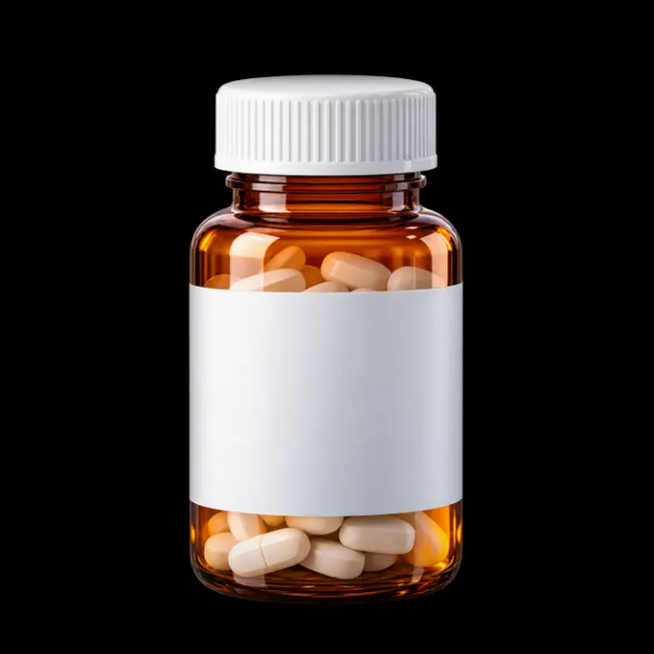 An amber pill jar with a white cap.