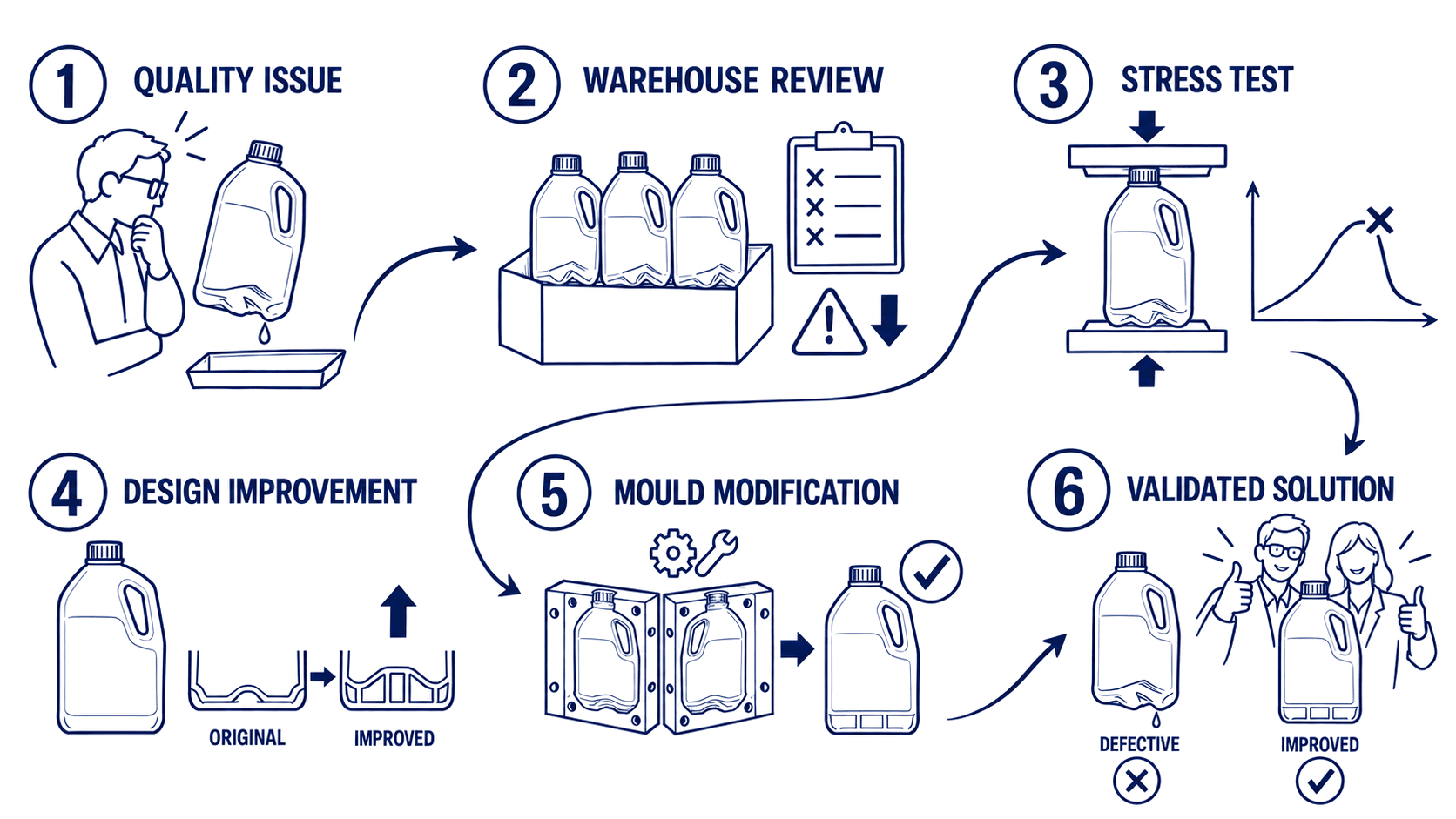 Quality improvement workflow sketch for an HDPE bottle in six steps: 1 quality issue, 2 warehouse review, 3 stress test, 4 design improvement, 5 mould modification, 6 validated solution.